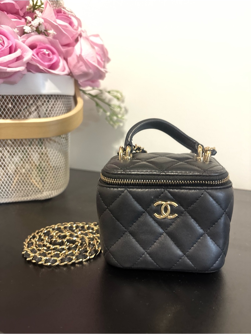 CHANEL Black Quilted Mini Vanity Crossbody with Gold Chain